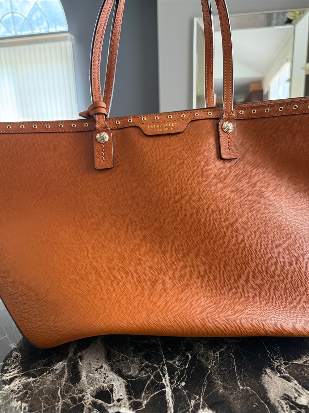 henri bendel Chestnut Brown Saffiano Leather Studded Tote